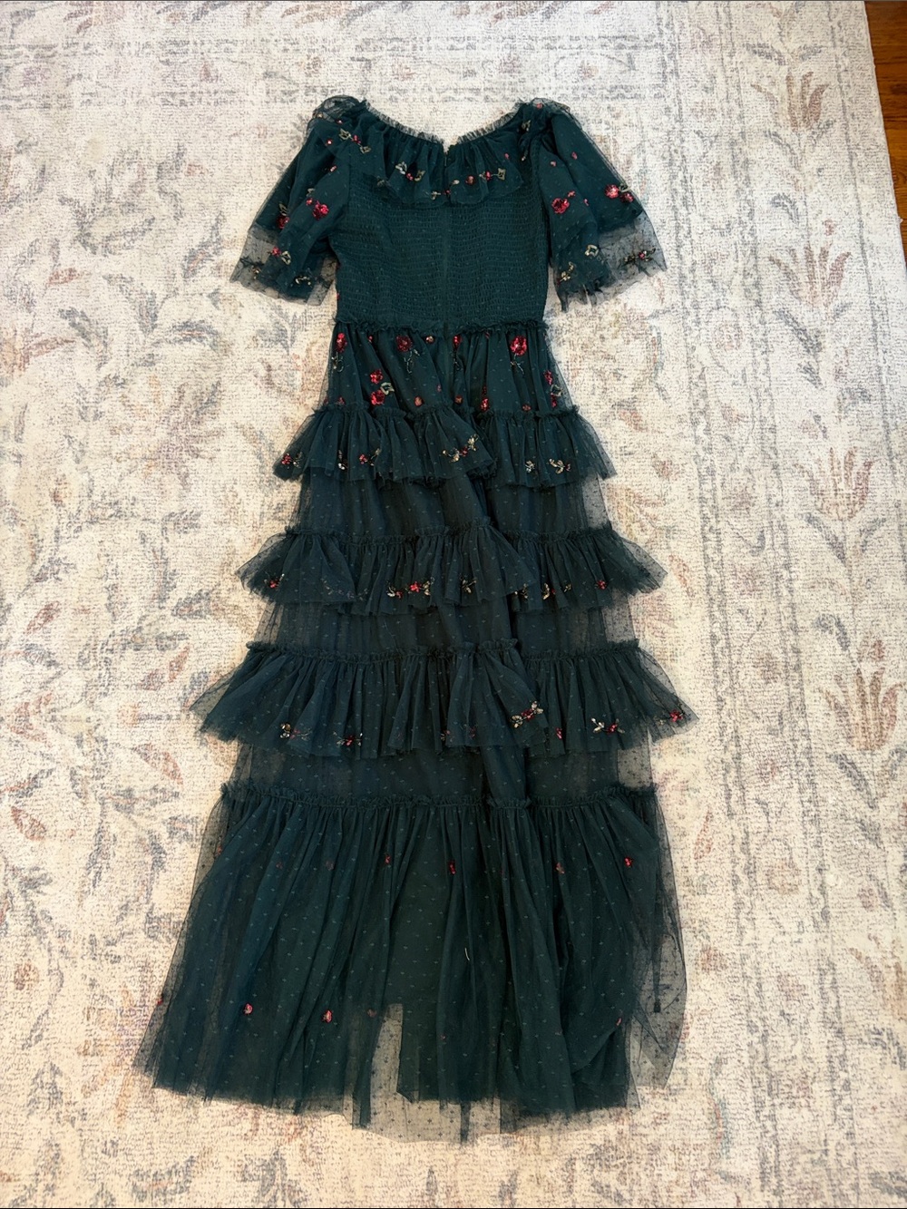 Ivy City Co Amelie Dark Green Floral Tiered Tulle Maxi Dress - Picture 7 of 7